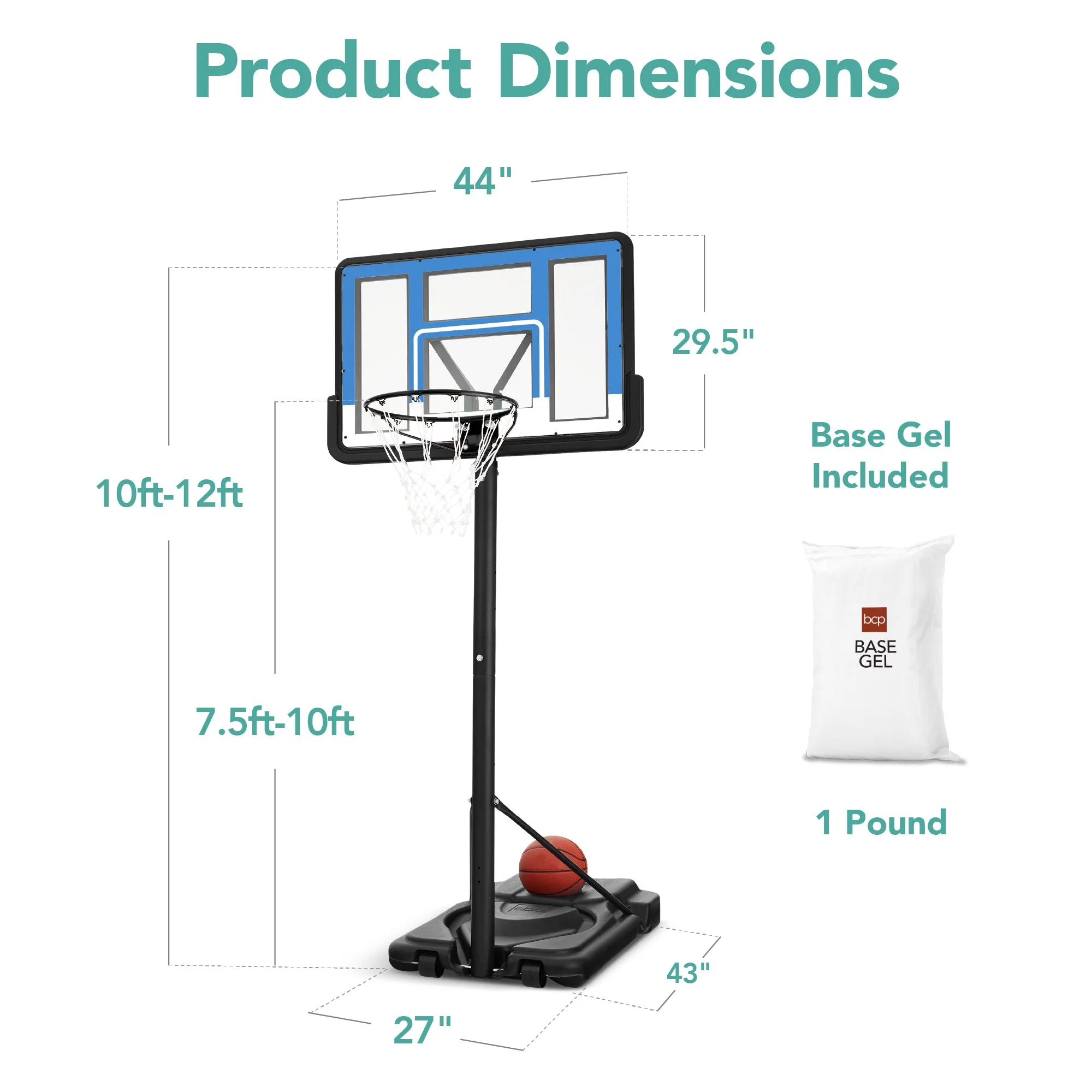 Adjustable Regulation-Size Basketball Hoop w/ Fillable Base, 2 Wheels