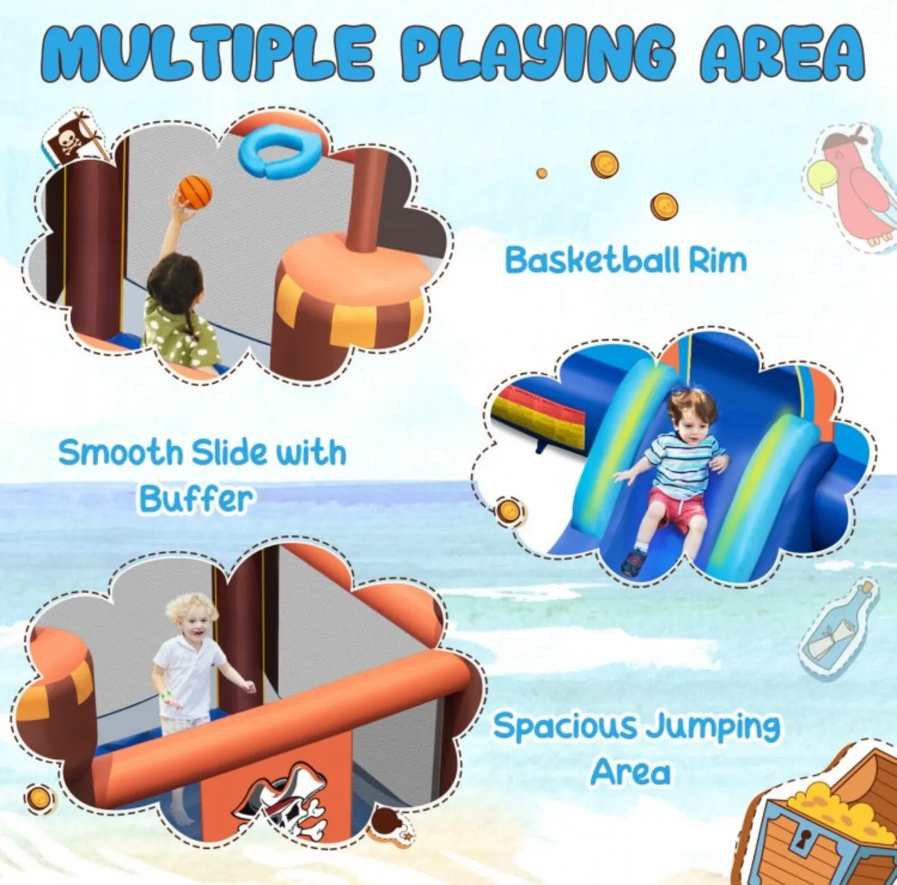 Super Cool Inflatable Pirate Themed Bouncy Castle / House | Large Jumping Area | With 735W Blower | Basketball | High Quality | Easy Inflate /Deflate