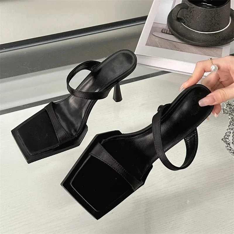 TAIVIMART  -  Black White Square Toe Woman Slippers Summer Elegant THin High Heels Ladies Banquet Party Dress Mules Female Shoes Sandalias De