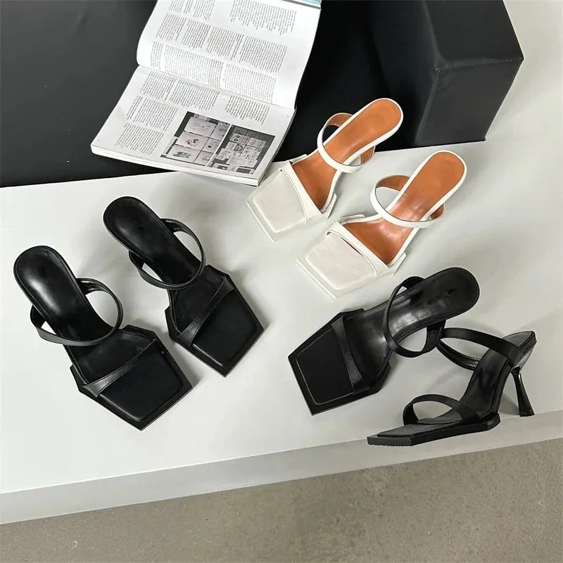 TAIVIMART  -  Black White Square Toe Woman Slippers Summer Elegant THin High Heels Ladies Banquet Party Dress Mules Female Shoes Sandalias De