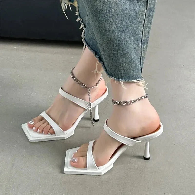 TAIVIMART  -  Black White Square Toe Woman Slippers Summer Elegant THin High Heels Ladies Banquet Party Dress Mules Female Shoes Sandalias De